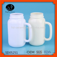 Frasco de pedreiro com alça e palha, jar de leite de cor sólida, logotipo promocional impresso Hot Sales Customized Jar Mug, frasco de cerâmica